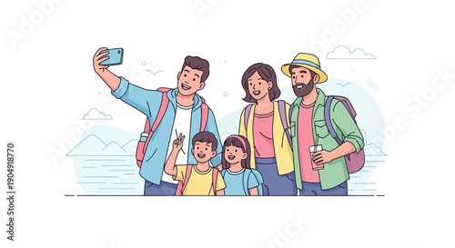Family Group Taking Selfie Together Outdoors.