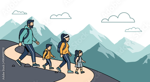 Family Hiking Together on Mountain Path.