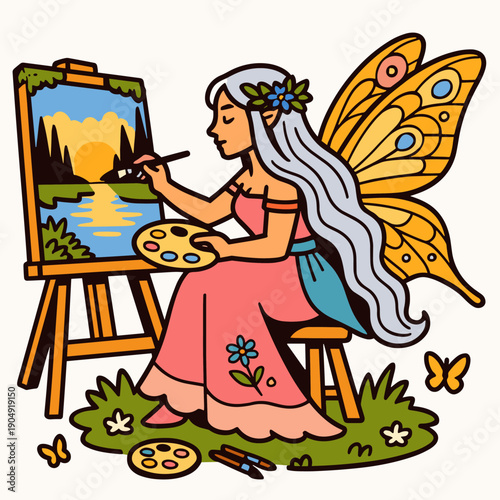 Fairy painter at easel creating landscape art, whimsical fantasy character