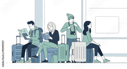 People Waiting with Luggage at Airport Terminal 1.