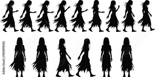Zombie woman silhouette set, walking undead female poses collection, horror halloween character illustration isolated on white background vector stock design
