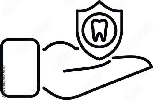 Hand holding a shield icon with a tooth, representing dental care and protection