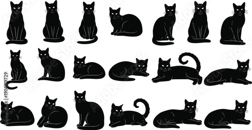Black cat silhouette set, elegant feline sitting lying poses collection, mysterious kitty illustration isolated on white background vector stock design