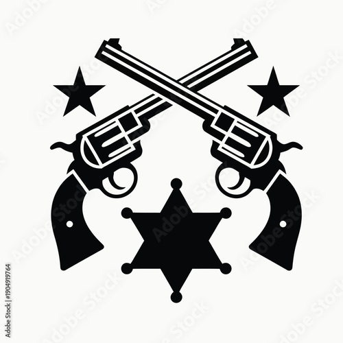 Black and white graphic of two crossed revolvers with a sheriff's star badge and two smaller stars, symbolizing the Wild West.