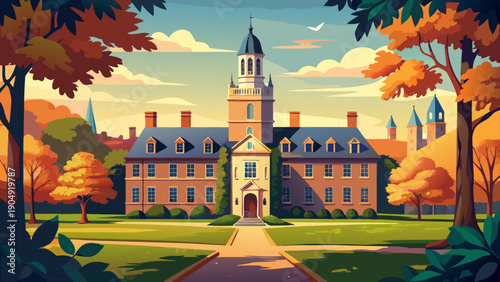 Very beautiful view of Nassau Hall, Princeton University’s oldest building, featuring ivy-covered stone walls and a central clocktower representing centuries of academic excellence.