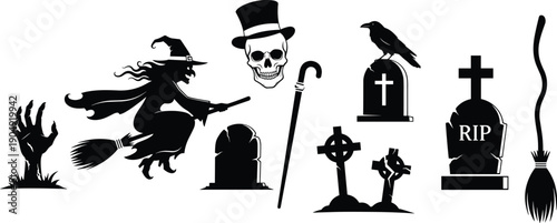 Halloween spooky silhouette set, witch skull gravestones crow broom horror symbols collection isolated on white background vector illustration stock design