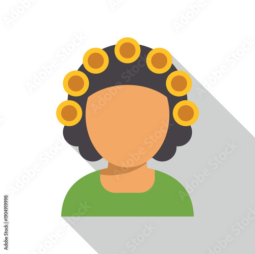 Woman with hair curlers on dark hair for a new hairstyle, flat design icon