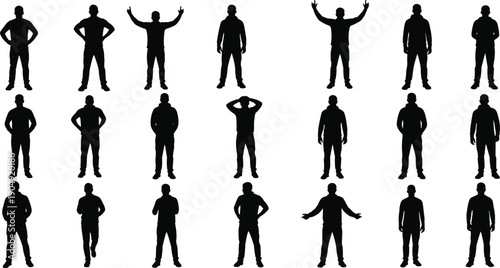Male human silhouette set, standing man poses collection, black people figures gestures isolated on white background vector illustration stock