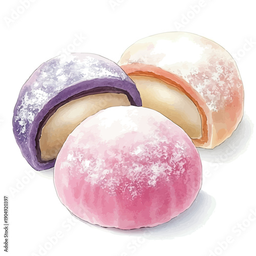 watercolor of Mochi Ice Cream draw illustration, isolated on a white background.