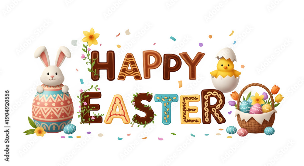 Fototapeta premium Happy easter isolated on transparent background with colorful eggs and bunnies