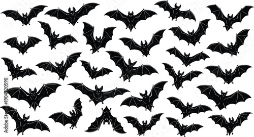Flying bat silhouette pattern set, spooky halloween bats collection, black winged mammals isolated on white background illustration design stock vector