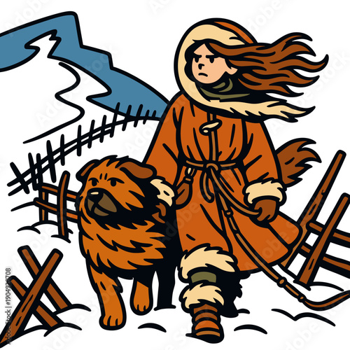 Winter traveler in fur coat with bear, snowy mountains and rustic fence scene