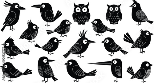 Funny black bird silhouette set, cute cartoon birds collection, playful avian characters illustration isolated on white background design stock vector