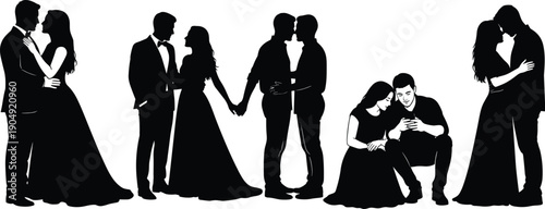 Romantic couple silhouette set, wedding love moments, elegant bride and groom poses, relationship illustration isolated on white background design collection