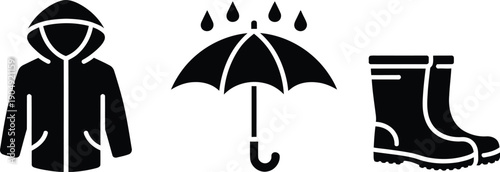 Hooded raincoat, umbrella and wellington boots icons set, protective accessories against rainfall for wet weather, storm and seasonal climate design.