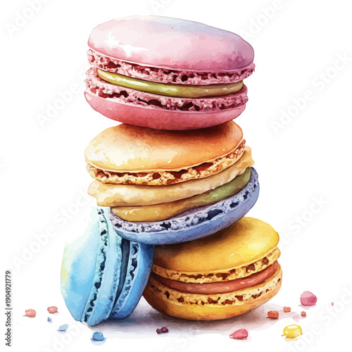 Macarons, cute watercolor illustration with intricate patterns and vibrant splashes, isolated on a white background.