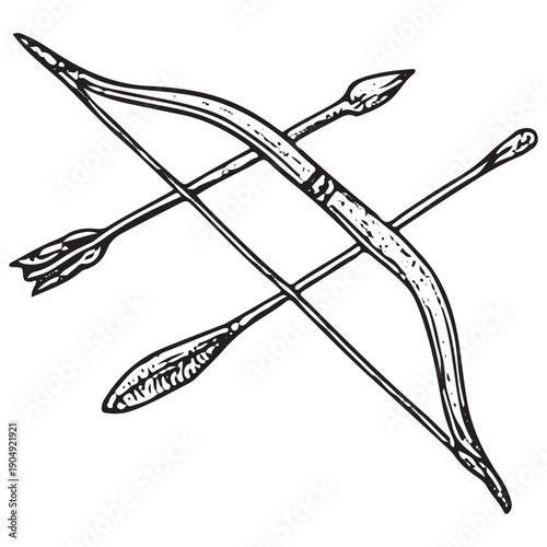Vintage Bow and Arrows Engraving Retro Desert Warrior Weapon Illustration Antique Nomad Woodcut Line Art