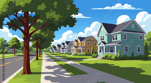 Quadro em tela Charming suburban street vector illustration showcasing row of colorful houses o