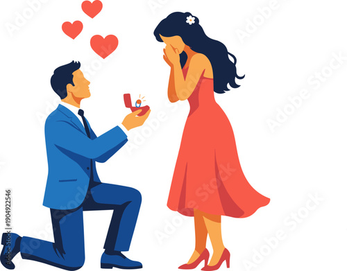 Romantic marriage proposal moment, kneeling man offering ring to surprised partner