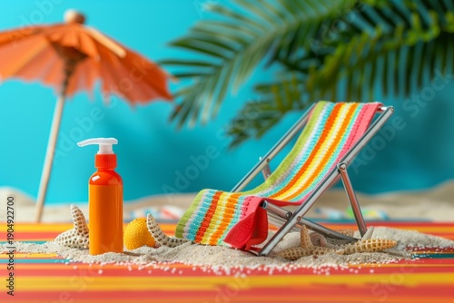 Miniature beach scene with chair and sunscreen