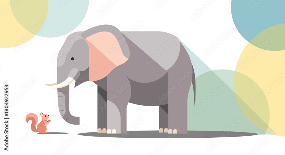 Fototapeta premium Elephant and Squirrel Illustration A Study in Size and Perspective.