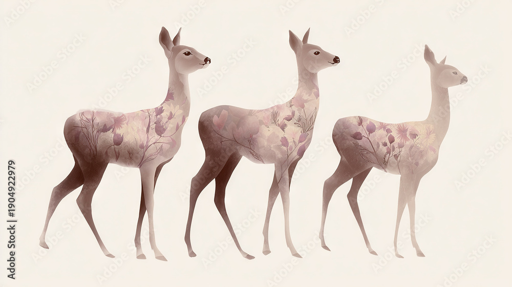 Obraz premium Three Deer with Floral Patterns Walking