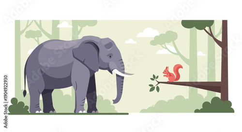 Elephant and Squirrel Encounter in the Forest.