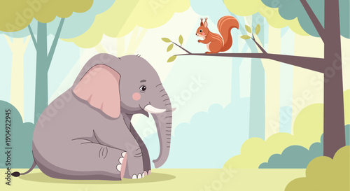 Elephant and Squirrel in a Forest Illustration.
