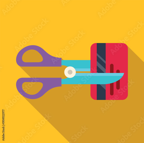 Scissors cutting a red credit card on a yellow background, representing financial freedom