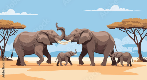 Elephant Family in the African Savannah A Heartwarming Illustration.