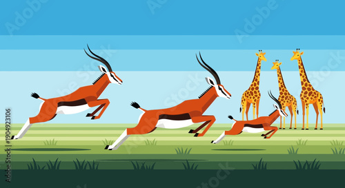Gazelles Leaping Across the Savannah with Giraffes in the Distance.