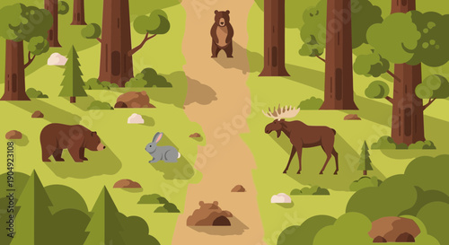 Forest Wildlife Scene Bears Moose Rabbit and Natural Habitat.