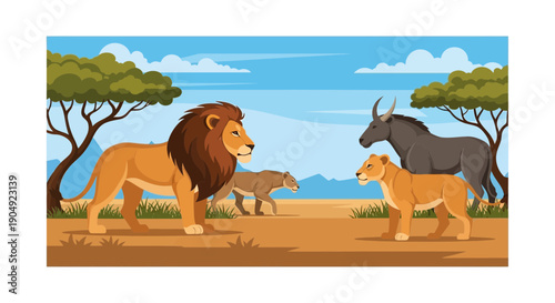 Lion Family in the African Savannah Illustration.
