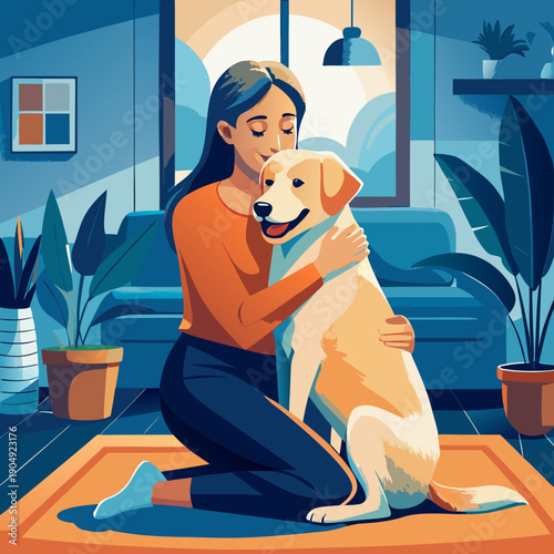 Woman hugs dog in cozy living room on a bright afternoon with plants and furniture around Generative AI