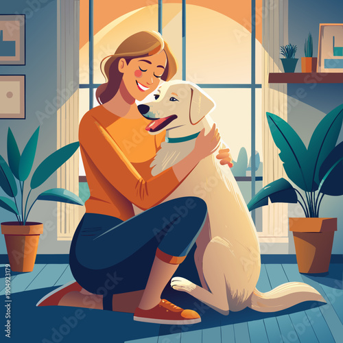 Woman sits on floor and hugs dog in sunny room with plants in afternoon light Generative AI