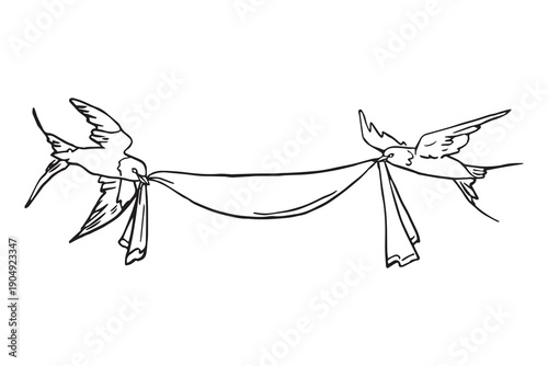Hand drawn birds holding flowing fabric in black line art style. Romantic vintage illustration symbolizing connection, unity and love, isolated on white background.