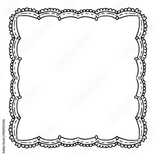Hand drawn lace square frame in black line art style. Decorative vintage border isolated on white background for invitations, wedding design, stationery and branding.