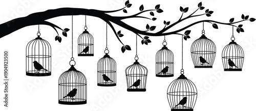 Black and white vector illustration of tree branch with hanging birdcages, silhouette birds inside cages, nature freedom concept, abstract decorative artwork