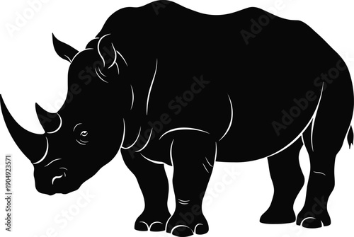 Black silhouette rhinoceros vector illustration, wildlife animal profile design, safari creature artwork, endangered species graphic, bold horned mammal drawing, stock content