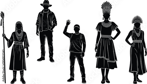 Silhouetted figures in traditional attire, feathered headdress, cultural diversity, ceremonial clothing, modern fashion, vector illustration, tribal heritage, community identity, decorative design