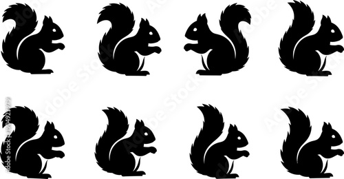Eight black silhouette squirrel icons in various poses on white background