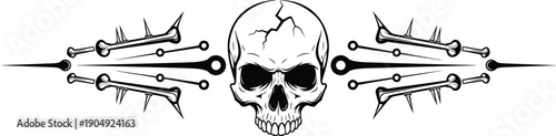 Cracked human skull vector illustration with symmetrical spiked bones, sharp needles, and tribal design elements for gothic tattoo art and edgy graphic styles.