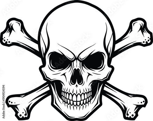 Isolated skull and crossbones vector illustration, classic pirate jolly roger symbol, edgy tattoo design, gothic death icon, bold black and white graphic art