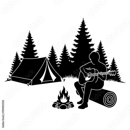 A lone camper plays guitar by a campfire amidst a dark forest