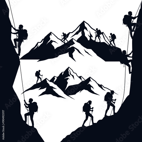 Silhouetted climbers ascend a mountain range within a rocky crevice