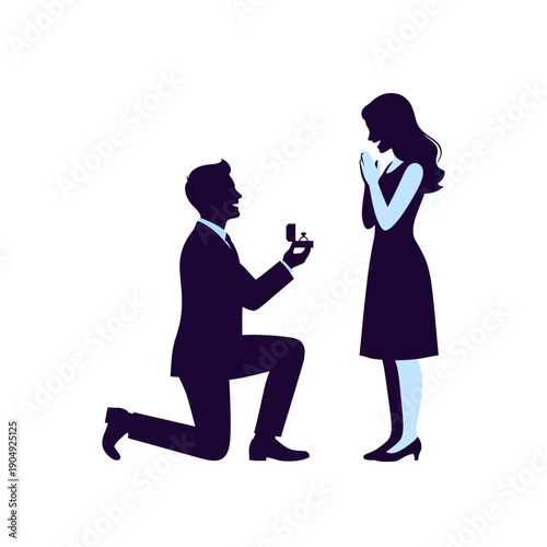 A man proposing marriage to a woman depicted as a silhouette