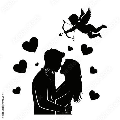 Silhouette of a couple kissing watched over by a cupid with hearts