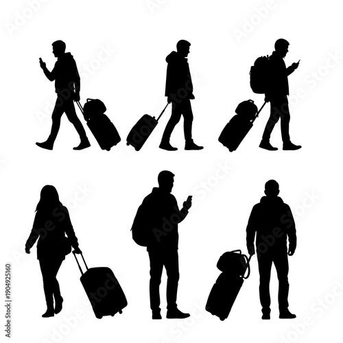 Silhouettes of people walking with luggage and backpacks