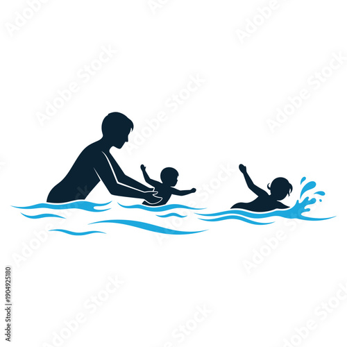 Father teaching child to swim in a blue water silhouette
