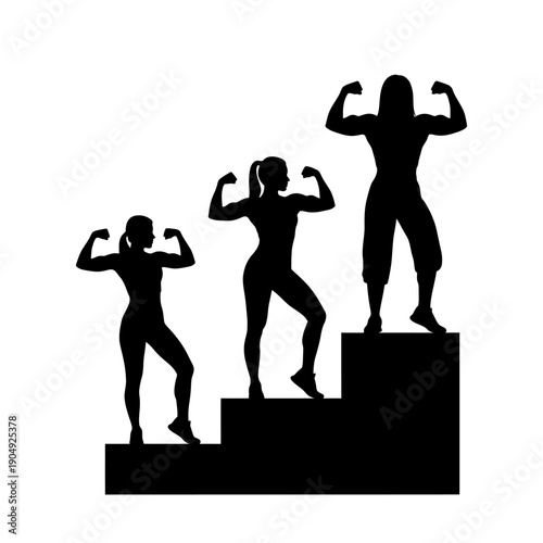 Silhouette of three figures displaying muscular physiques on ascending steps